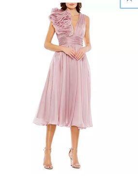 Mac Duggal Dusty Rose One-Shoulder Rosette Midi Dress